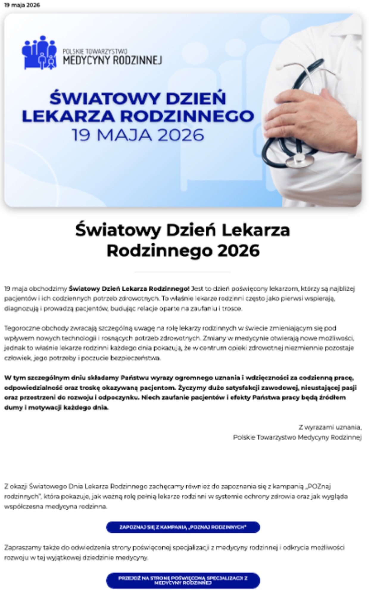 Polish Society of Family Medicine, World Family Doctor Day 2026
